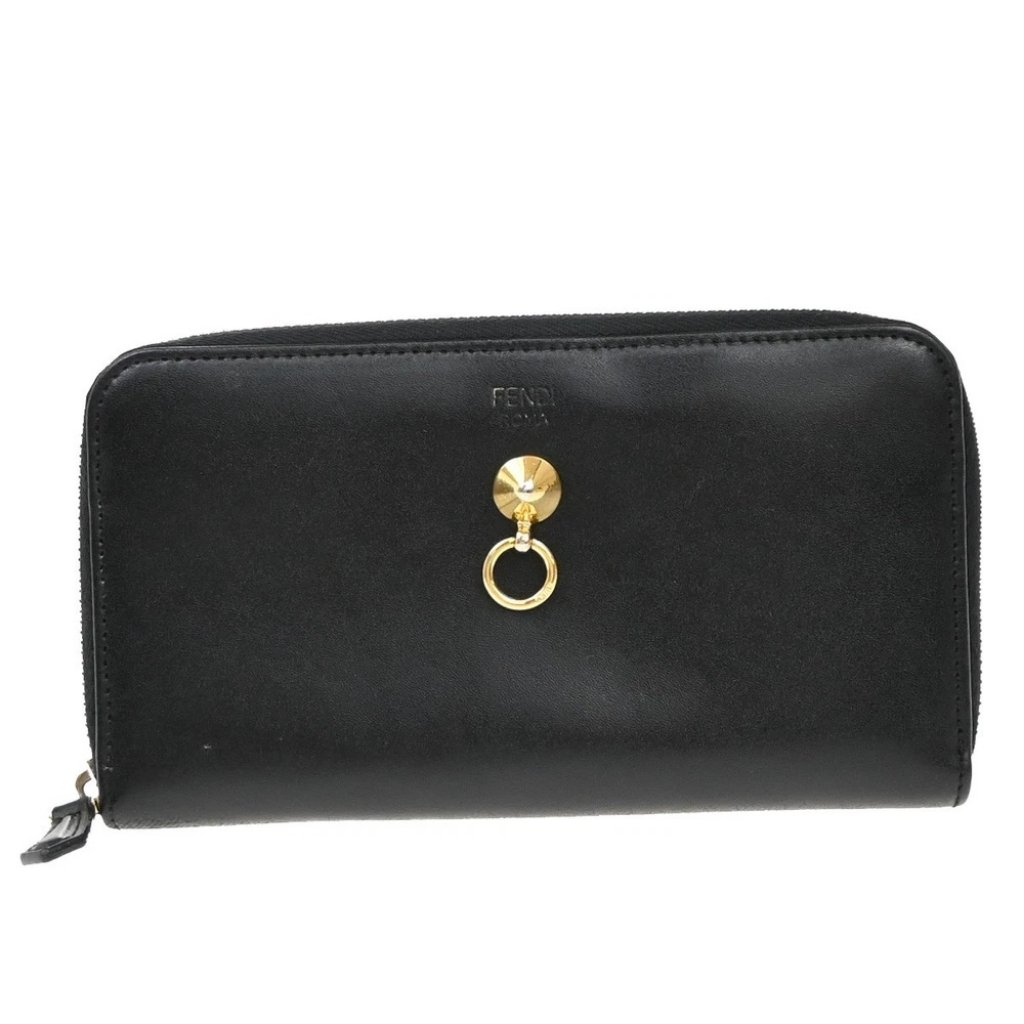 Fendi By The Way Logo Long Zip Around Wallet Leather Black